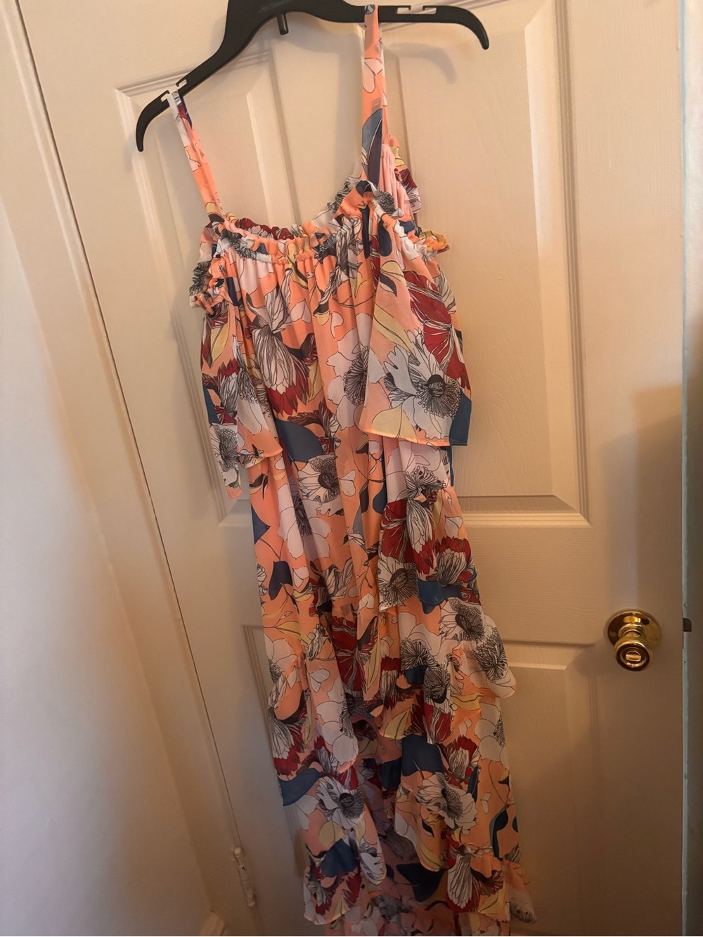 NY Collection Peach Floral Ruffle Maxi Dress with Blue & Red Accents